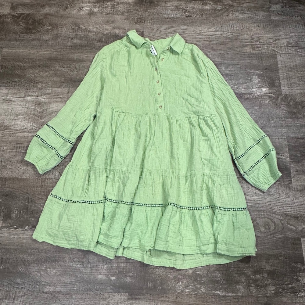 Grace + Karma Lime Green Cotton Gauze Tiered Babydoll Dress XL Crochet Trim